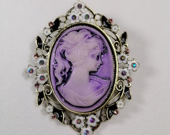 Cameo brooch, Vintage victorian brooch, Enamel cameo jewelry, Antique womens brooch gift, Large costume jewelry for ladies, Grandma brooch