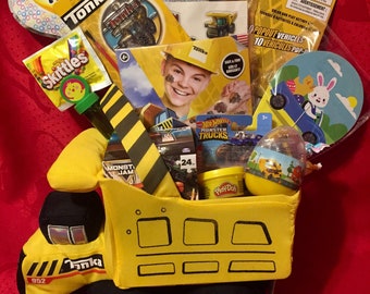 TONKA TRUCK GIFT BaSKET -2 Activity Sets, Stickers, Construction Set, Hot Wheels, Puzzle, Paddle Ball, Play Pack, PlayDoh, Bubbles, Skittles