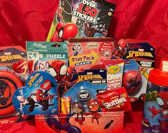 Spiderman BIRTHDAY Gift: Tin, Water Bottle, Play Pack, Flyer Toy, Stickers, Puzzle, Bounce Balls, Play Doh, Bubbles, Gummies, Skittles+