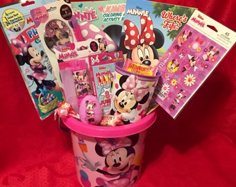 MINNiE MOUSE Gift BASKET: Minnie Doll, Cup, Activity Books, Bracelets & Charm, Stickers, Chalk Set, Play Pack, Play Doh, Bubbles, Skittles++
