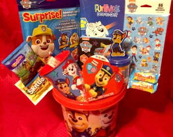 PAW PATROL GIFT Basket - 2 Activity Books, Clay, Cup, Chalkboard Activity Set, Stickers, Play Pack, Gummies; Bubbles, Bath Paint, Skittles+