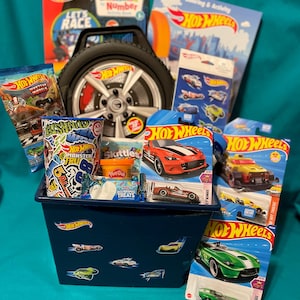 HOT WHEELS GIFT: Hot Wheels 30 Cars Carrying Case, 3 Hot Wheels Cars, Cup, Stickers, Activity Books, Mystery Car; PlayDoh, Bubbles, Skittles