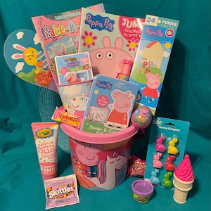 PEPPA PIG BIRTHDAY Gift Basket:  Puzzle, Cup, Coloring & Activity Book, Peppa Figure, Peppa Sticker Activity, Bubbles, Play Doh, Skittles ++