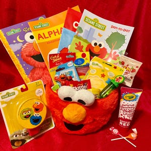 ELMO GIFT Basket - Night Light, Elmo Toy, Activity Books: Colors, Dot to Dot; Clay, Chalk Set, Etch A Sketch, Play Pack, Bubbles, Skittles+