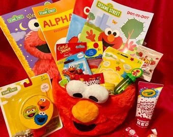 Cesta de regalo de Elmo: luz nocturna, juguete de Elmo, libros de actividades: colores, unir puntos; plastilina, juego de tizas, Etch A Sketch, paquete de juegos, burbujas, Skittles+