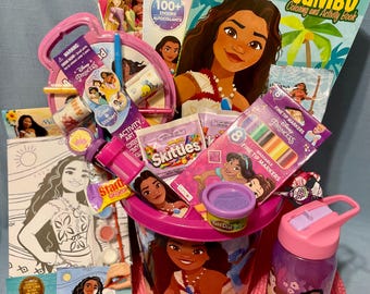 MOANA BIRTHDAY GIFT: Water Bottle, Activity Books, Stickers, Play Pack, Chalk Set, Tattoos, Funables, Play Doh, Bubbles, Skittles, Candy+