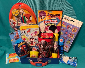 Spiderman Gift: Tin, Play Pack, Game, Chalk Set, Stickers, Cup, Bouncy Ball, Play Doh, Bubbles, Funables, Skittles, Candy