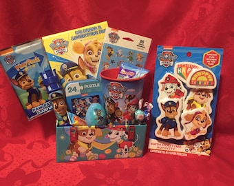 PAW PATROL GIFT Basket: Tin, Play Pack, Activity Book, Stickers, Chalk Set, Bath Set, Puzzle, Gummies; Play Doh, Bubbles, Skittles, Candy++