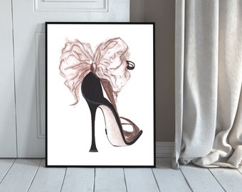 May include: A black high-heeled shoe with a large brown bow on the top.