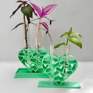 Może przedstawiać: Dwa wazony w kształcie serca w kolorze jasnozielonym z przezroczystymi szklanymi probówkami, w których znajdują się rośliny z fioletowymi i zielonymi liśćmi. Wazony stoją na pasujących prostokątnych podstawach. Projekt zawiera wycięte serca wewnątrz większego kształtu serca.