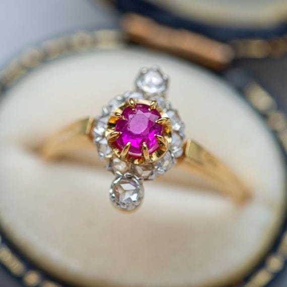Victorian Ruby Diamond Ring 18K Solid Gold Antiqu… - image 1
