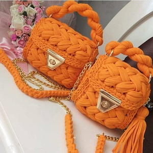Handmade Crochet Orange Bag Set: Mother & Daughter Matching Purses
