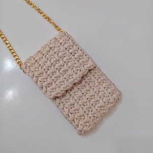 Crochet Phone Bag with Pocket: Handmade Beige Mini Bag