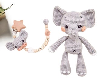 Personalized Crochet Elephant Dummy Clip and Doll, Baby Gift