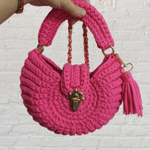 Women Crochet T-shirt Yarn Handbag, Knit Combed Bag, Large Crochet