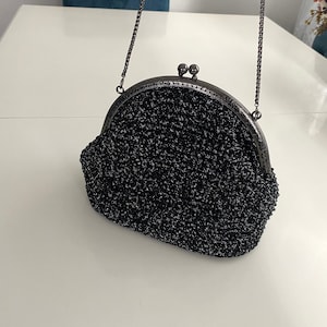 Borse con cornice Kiss Lock, Borse vintage, Borsa Kiss Lock Nero argento, Borsa Kiss Lock, Borsa portamonete vintage, Borsa nera con glitter argento
