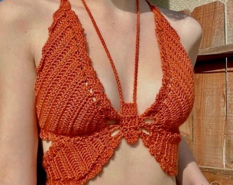 Butterfly Crochet Halter Top: 100% Cotton Bralette
