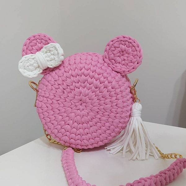 Gehäkelte handgemachte runde Macaron Tasche/Minnie Maus Kindertasche/Mädchen Häkeltasche/Häkeltasche für Kinder/Rosa Kindertasche/Häkeltasche für Kinder/Mädchen Handtasche