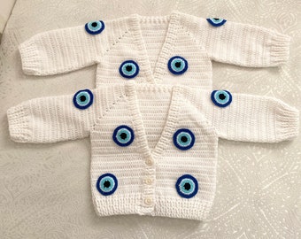 Evil eye cardigan kids,Crochet baby and kids crop cardigan,Girl’s cardiganCrochet baby cardigan,Baby jacket,Kids sweater,Chunky cardigan