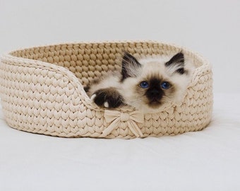 Cama tejida a mano para gatos: cesta redonda para la siesta de mascotas pequeñas