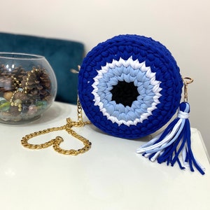 Evil Eye Bag,Crochet Macaron Bag, Crochet Round Bag,Round Bag Handmade,Crochet Evil Eye Bag,Macaron Bag Purse,Multicolor Bag,Nazar purse