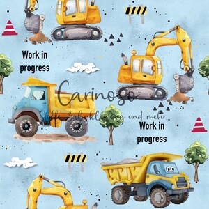 Work in Progress, Bagger, Baustelle, Kinderstoff für Jungs, blau