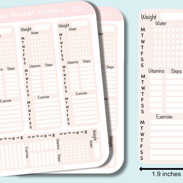 Fitness sidebar tracking stickers, Tracks weight, water, vitamins, steps and exercise, Functional Planner Stickers