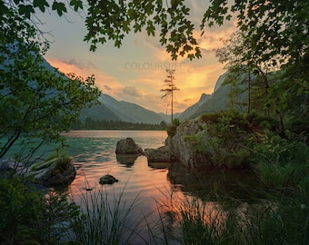 Cold Green Wildlands Lake Swamp Sunset River Tall Mountains Scene HD Art Deco Large Print Jpg A4 A3 Home Descargar fotos de archivo Libres de derechos