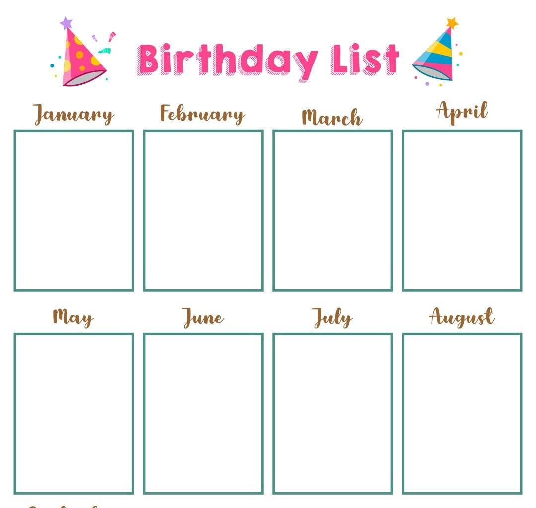 Birthday List Calendar A4 Paper Print A4 Card Birthday Accessories Birthday List Calendar A4 Paper Print A4 Card Birthday Accessories