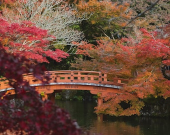 Japanese Zen Garden Bridge River Fall Autumn Time Scene HD Art Deco Large Print Jpg A4 A3 Home Stock Photos Royalty Free