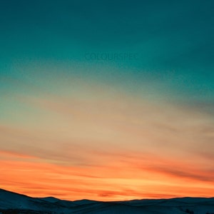 Strong Sunset Distant Mountains Orange Blue Green Sunrise Contrast Scene HD Art Deco Large Print Jpg A4 A3 Home Stock Photos Royalty Free