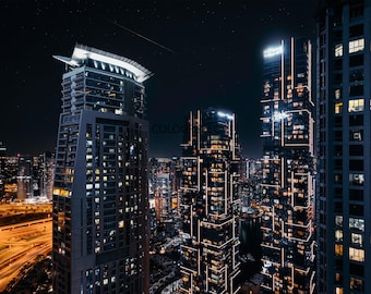 City At Night Rascacielos Luces de neón Rascacielos Miami Edificios Escena oscura HD Art Deco Letra grande Jpg A4 A3 Home Fotos de archivo Libre de derechos