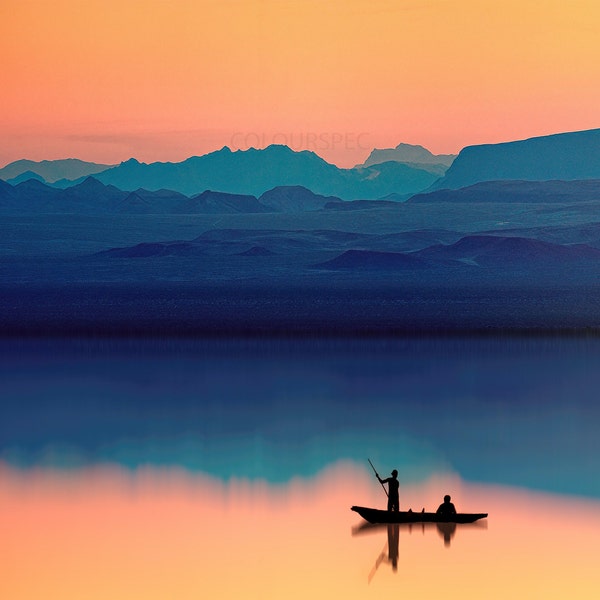 Vietnam River Over Calm Water Fishing Boat Sunrise Mountains Sunset Scene HD Art Deco Large Print Jpg A4 A3 Home Stock Photos Royalty Free