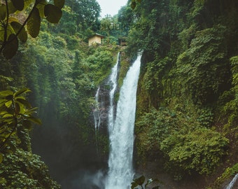 Casa Cascada Borde Rainforest Forest Hut Verde profundo Bosque Amazónico Escena HD Art Deco Impresión grande jpg A4 A3 Inicio Fotos de archivo Libre de derechos