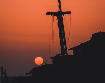 HD Barco abandonado Sunset Naufragio Sunrise Sinking boat Landscape Scene Descargar Art Deco Large Print Jpg A3 Home Fotos de archivo Libres de derechos