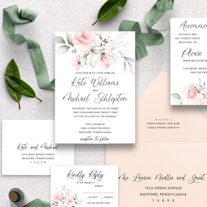 Blush Floral Watercolor Wedding Invitation - Invite, Response Card, Envelopes, Details Card