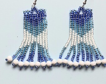 Blue and White Beaded Earrings