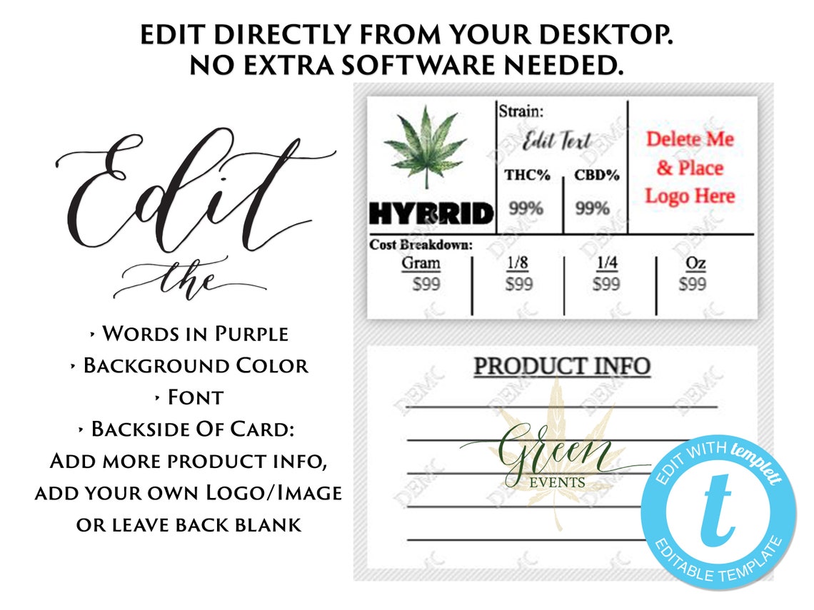 Hybrid Cannabis Strain Information Card Single Editable | Etsy