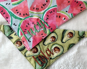 Food Embroidered Dog Bandana: Lemon, Watermelon, Taco, Avocado / Cat Bandana / Handmade / Custom Text / Pet Accessory / Tie-on