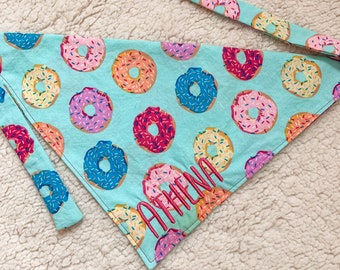 Donuts Embroidered Dog Bandana / Cat Bandana / Handmade / Custom Text / Pet Accessory / Tie-on