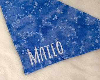 Blue Dog Bandana: Calico, Chambray, Sparkle / Embroidered / Handmade / Cat Bandana / Custom Text / Pet Accessory / Tie-on