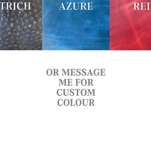 May include: Three leather swatches in ostrich, azure, and red. The text "OR MESSAGE ME FOR CUSTOM COLOUR" is below the swatches.