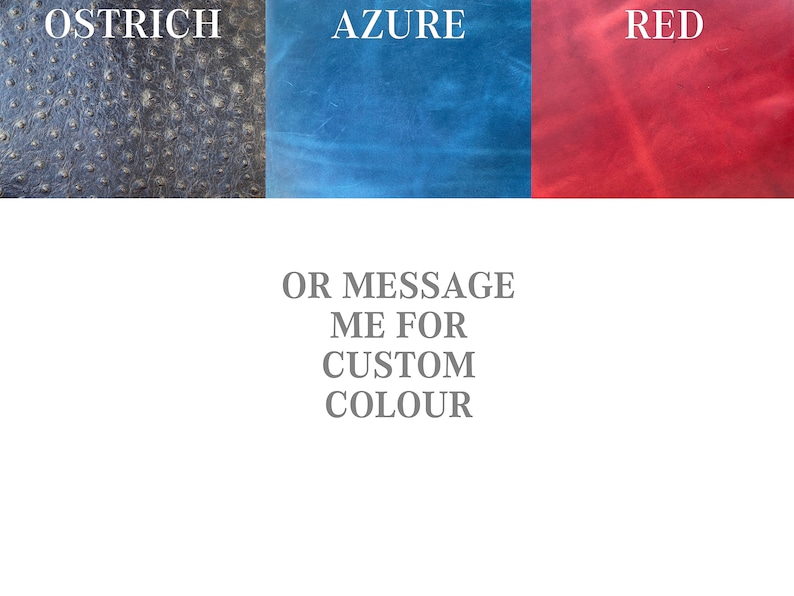 May include: Three leather swatches in ostrich, azure, and red. The text "OR MESSAGE ME FOR CUSTOM COLOUR" is below the swatches.
