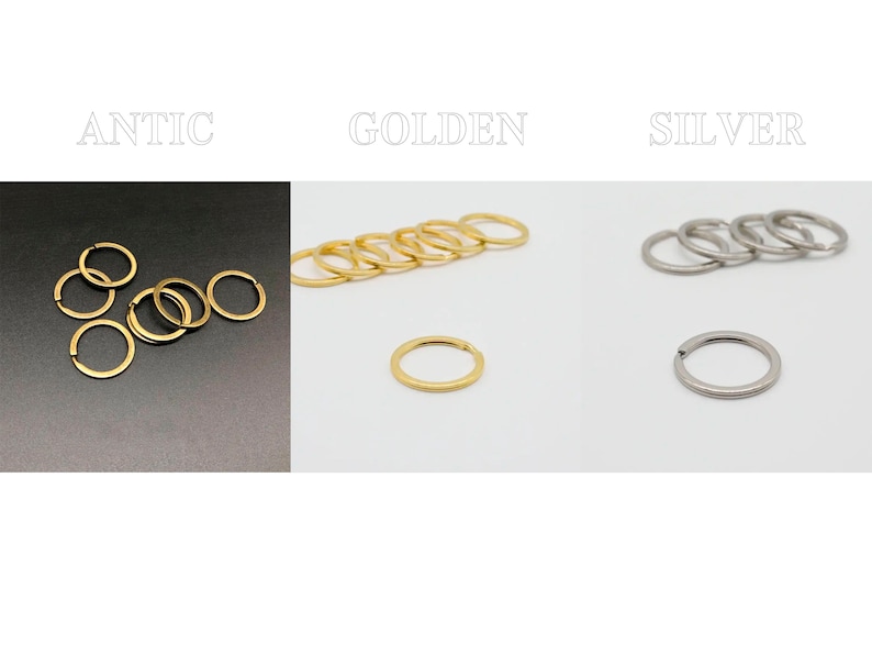 May include: A set of key rings in three finishes: antique gold, golden, and silver. The antique gold key rings are stacked on a dark surface, while the golden and silver key rings are on a white surface.