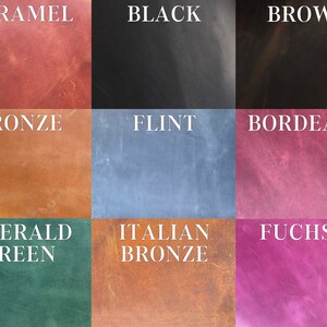 May include: Nine leather swatches in different colors, including caramel, black, brown, bronze, flint, bordeaux, emerald green, Italian bronze, and fuchsia.