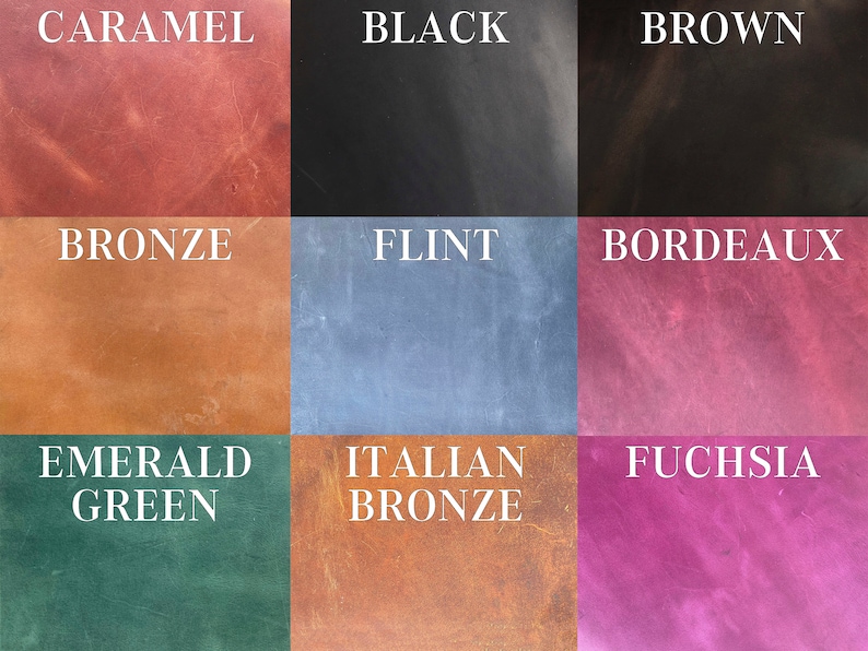 May include: Nine leather swatches in different colors, including caramel, black, brown, bronze, flint, bordeaux, emerald green, Italian bronze, and fuchsia.