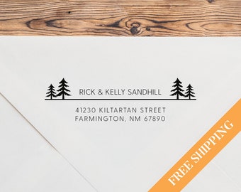 Winter Return Address Stamp with Tree Details, Custom Holiday Gift, Self-Inking Wooden Stamp, Christmas Card Stamper