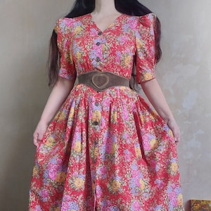 Vintage Floral Cotton Dirndl Dress: Austrian Folk Dress / DE 40