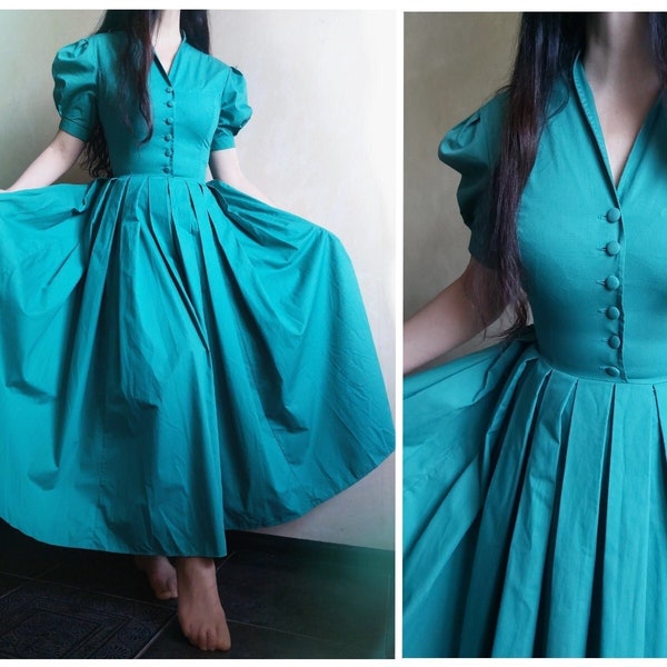 LAURA ASHLEY 80s vintage formal ball gown cotton maxi turquoise corset puff sleeves  high collar dress. Victorian style. UK 12