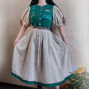 SPORTALM Vintage Austrian Dirndl Dress: Green Linen Midi with Folk Painting / DE 42